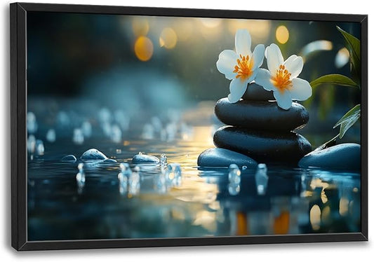 Zen Framed Wall Art for Living Room, Large Lotus Canvas Wall Decor, Stones in Water Landscape Pictures Painting, Modern Artwork for Spa Bathroom Bedroom 36L'' × 24W''