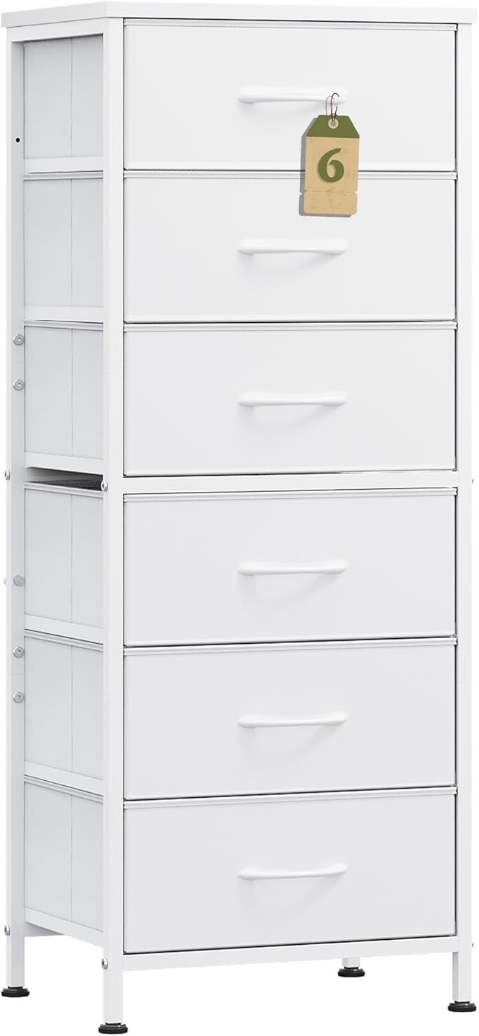 WLIVE White Tall Dresser for Bedroom, 6 Drawer Dressers & Chests of Drawers, Fabric Dresser for Closet, Living Room, Night Stand with Metal Frame, Storage Tower with Fabric Bins, Wood Top