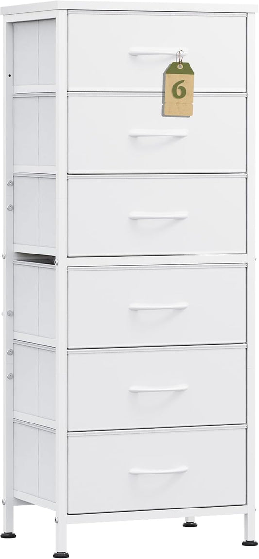 WLIVE White Tall Dresser for Bedroom, 6 Drawer Dressers & Chests of Drawers, Fabric Dresser for Closet, Living Room, Night Stand with Metal Frame, Storage Tower with Fabric Bins, Wood Top