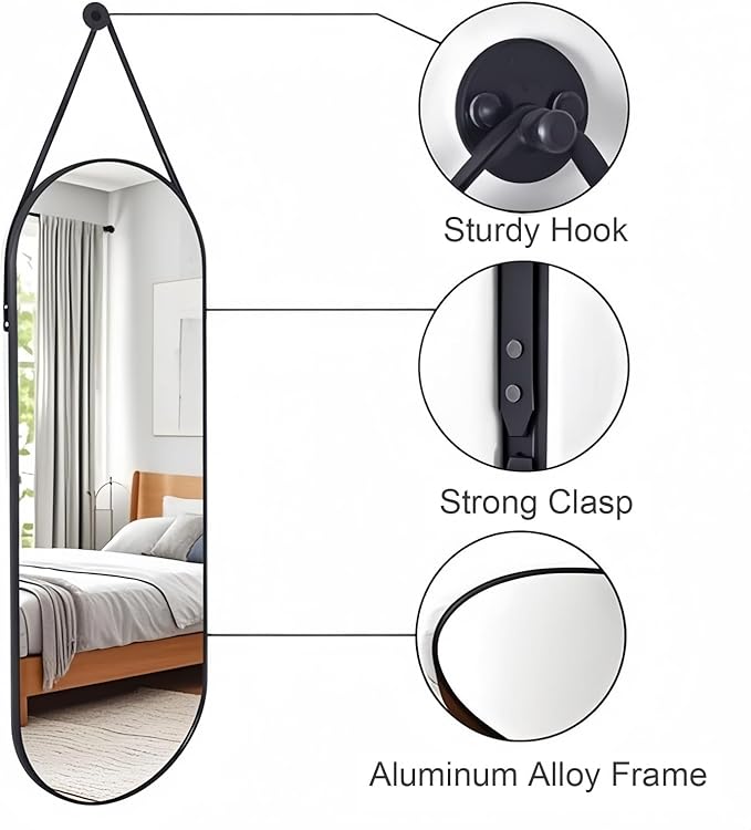 16"x48" Oval Full Length Mirror with Leather Strap Hanging Mirror with Aluminum Frame, Oval Wall-Mounted Mirrors for Living Room Bedroom Entryway Décor, Black