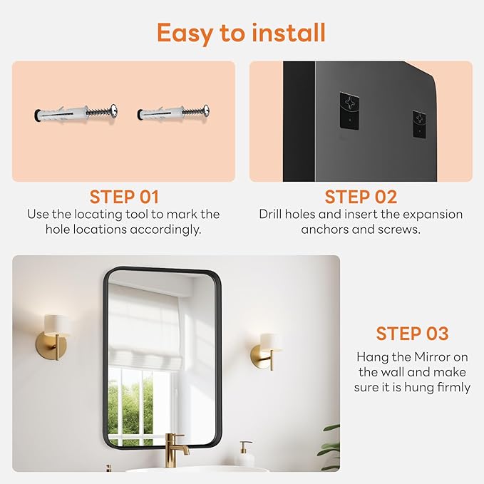 Bathroom Mirror 36x24 Inch Black Metal Framed Rounded Rectangle Vanity Mirror for Wall, Over Sink, Farmhouse, Restroom, Anti-Rust, Modern Decorative, Horizontal or Vertical Hanging