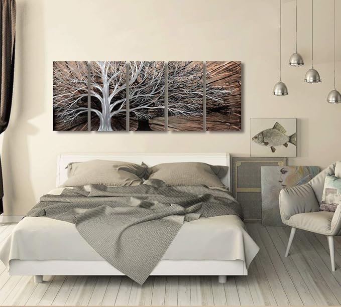 Yihui Arts Tree of Life Metal Wall Art Set - Handcrafted 3D Aluminum Sculpture, Silver Couples Artwork for Home Decor - Perfect Living Room, Bedroom, or Office Accent