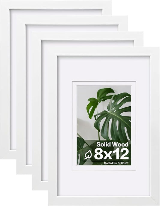 Egofine 8x12 Picture Frames Set of 4, Made of Solid Wood Covered by Plexiglass 5x7 and 6x8 with Mat or 8x12 without Mat, for Table Top Display and Wall Mounting Photo Frame White