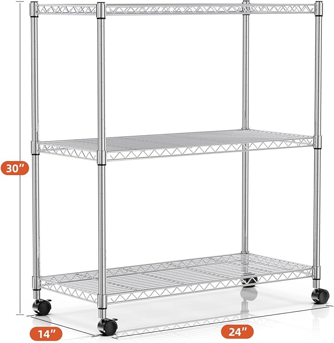 HealSmart 3-Tier Heavy Duty Storage Shelves 750Lb Capacity, 24.02" D x 13.78" W x 29.92" H Adjustable Shelving Unit with Wheels, Chrome