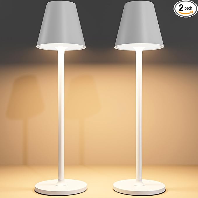 2 Pack LED CordlessTable Lamp,4000mAh Rechargeable Battery Desk lamp,3 Level Brightness Portable Light, Minimalist Design, for Couple Dinner/Coffee Table/Restaurant/Bedroom(White 2pack)