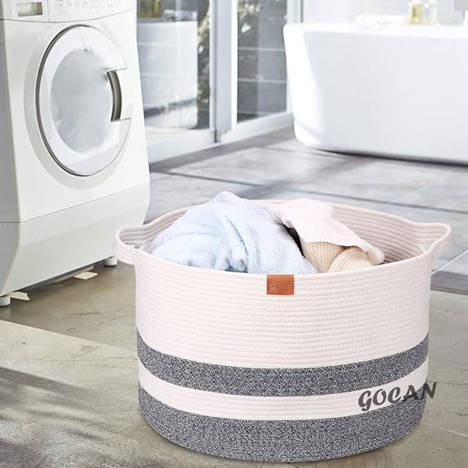 Extra Large Laundry Basket 22" X 22"X 14" XXXL Cotton Rope Woven Basket for Blankets Storage Basket with Handles for Living Room (Dark Grey/Beige)