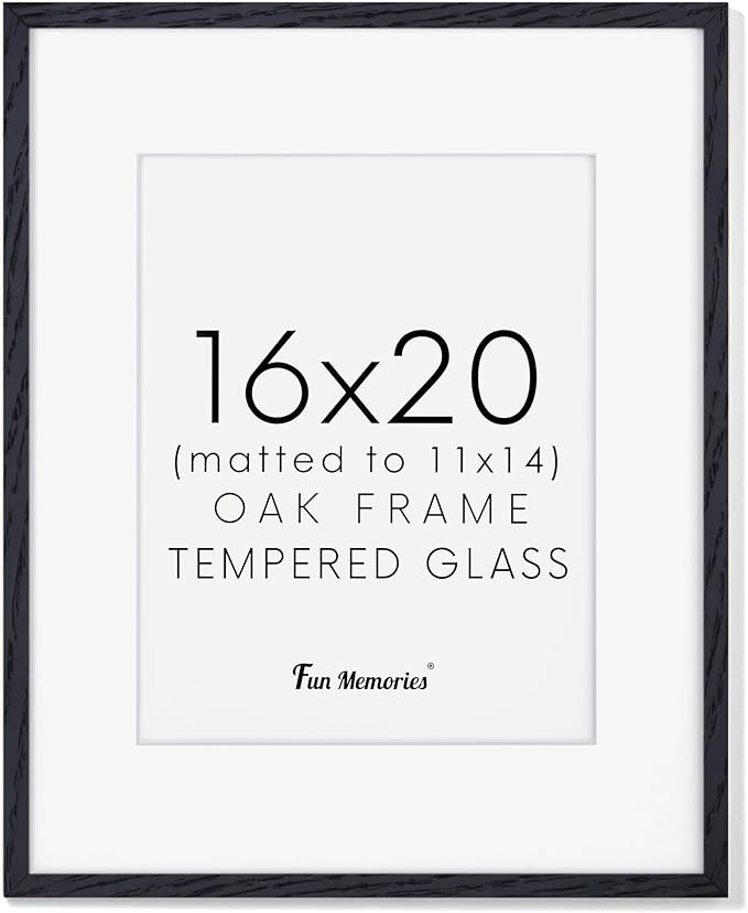 Fun Memories 16x20 Picture Frame - Black Oak Wood Poster Frame with Mat for 11x14, Tempered Glass, Easy to Hang