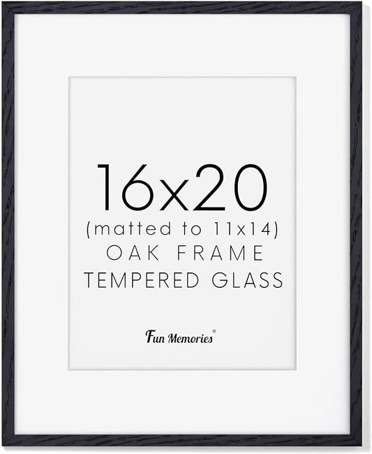 Fun Memories 16x20 Picture Frame - Black Oak Wood Poster Frame with Mat for 11x14, Tempered Glass, Easy to Hang