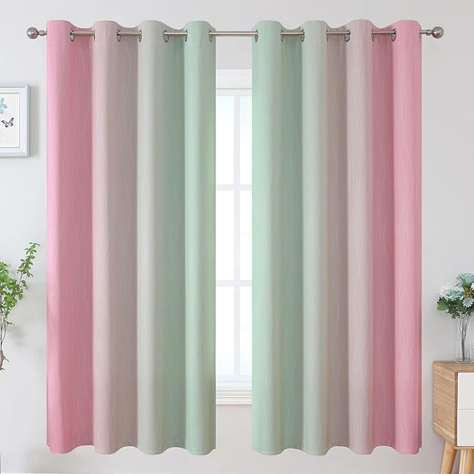 Estelar Textiler Ombre Sage Green and Pink Blackout Curtains 63 Inch Length 2 Panels for Playroom, Gradient Thermal Insulated Full Light Blocking Grommet Blackout Drapes for Kids Room, 52Wx63L