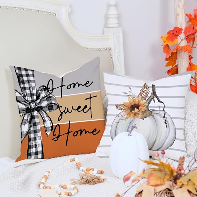 AACORS Fall Pillow Covers 18 x 18 Inch Set of 4, Pumpkin Home Sweet Home Thankful Grateful Blessed Harvest Floral Decorations Autumn Seasonal Pillow Case Decor for Sofa Couch AA557-18