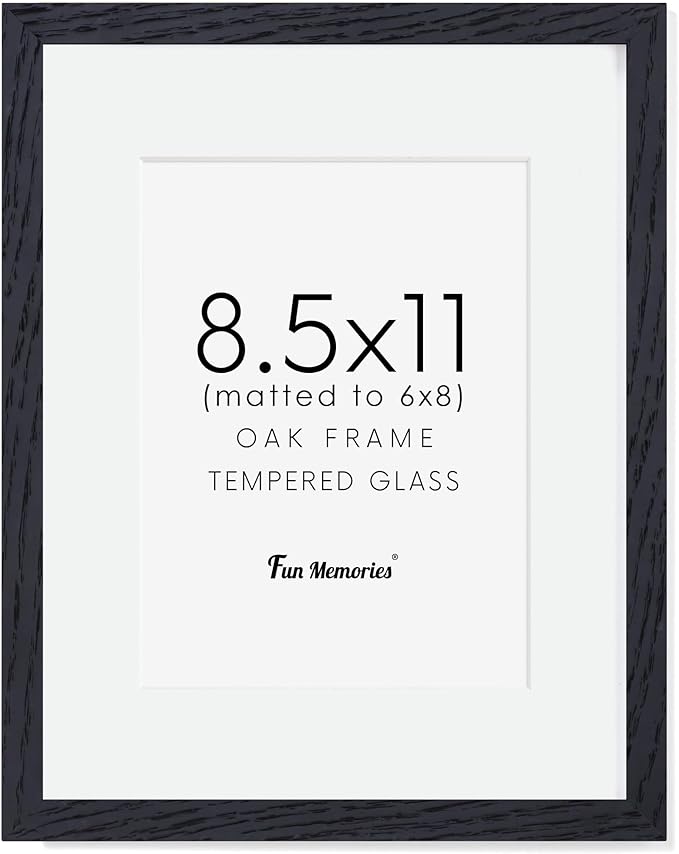 Black Picture Frame 8.5x11, Natural Oak Wood 8.5 x 11 Photo Frame, 8.5 by 11 Frame for Wall, 8.5x11 Picture Frame with Mat for 6x8, Tempered Real Glass, Black Color, Set of 1