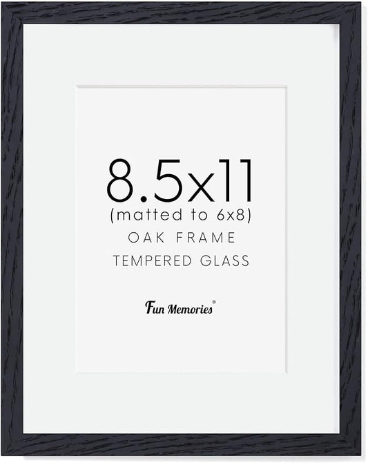 Black Picture Frame 8.5x11, Natural Oak Wood 8.5 x 11 Photo Frame, 8.5 by 11 Frame for Wall, 8.5x11 Picture Frame with Mat for 6x8, Tempered Real Glass, Black Color, Set of 1