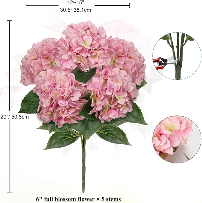 Pink Hydrangea Artificial Flowers Large Artificial Hydrangeas Silk Flowers for Home Decor Indoor Wedding Flowers Bouquets Faux Flowers Kitchen Centerpiece Table Decorations