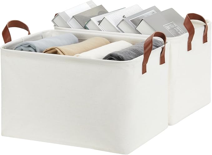 DULLEMELO Large Fabric Storage Bins Set of 2 Rectangle Closet Baskets for Clothes, Towels, Shoes, Natural Color