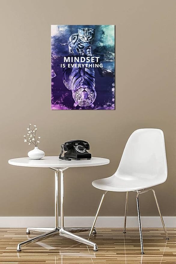 Inspirational Wall Art Posters Big Tiger Pictures Small Cat Canvas Painting Mindset is Everything Print Poster Artwork Wooden Home Decor for Living Room Gym Office Framed Ready to Hang[18" W x 24"H]