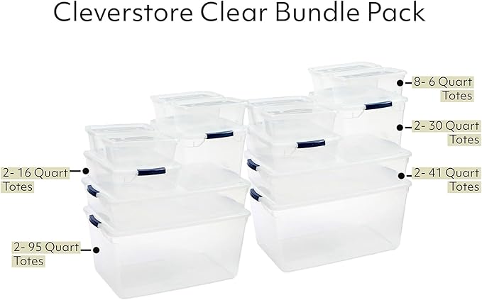 Rubbermaid Cleverstore Clear Dorm Variety 16-Pack, Made in USA, Stackable Large Clear Storage Bins with Lids, See-Through Plastic Storage, with Latching Lids, BPA-Free