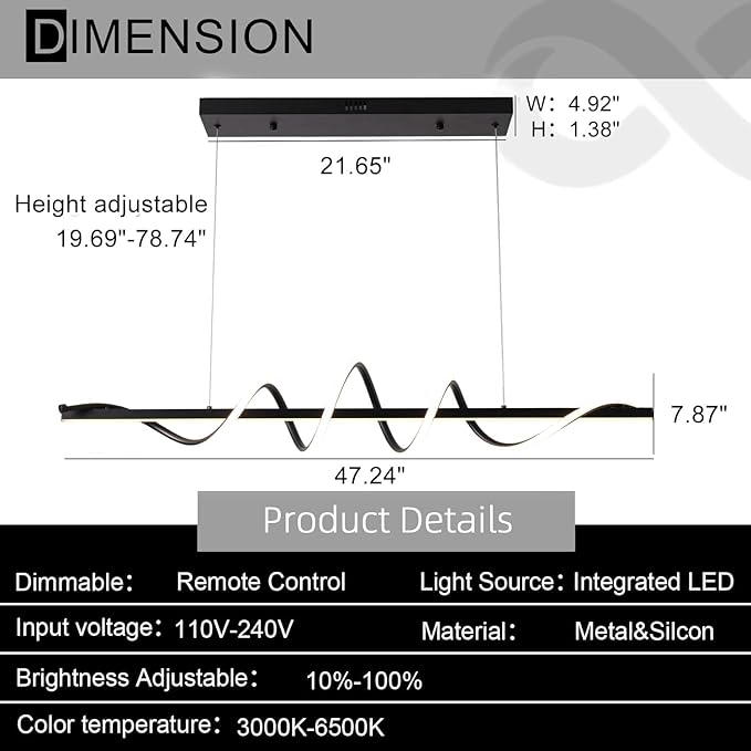 Modern Chandelier for Kithcen Island Lighting,Dimmable Black Led Pendant Light Fixture for Dining Room New Snake Twist Design
