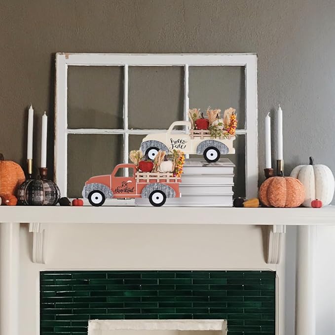 NEEDOMO Fall Decorations for Home, Large Size 2 Pack Wood Truck with Pumpkin Fall Decor, Decorative Wooden Truck Set for Room, Table, Tiered Tray, Mantel, Thanksgiving Decorations