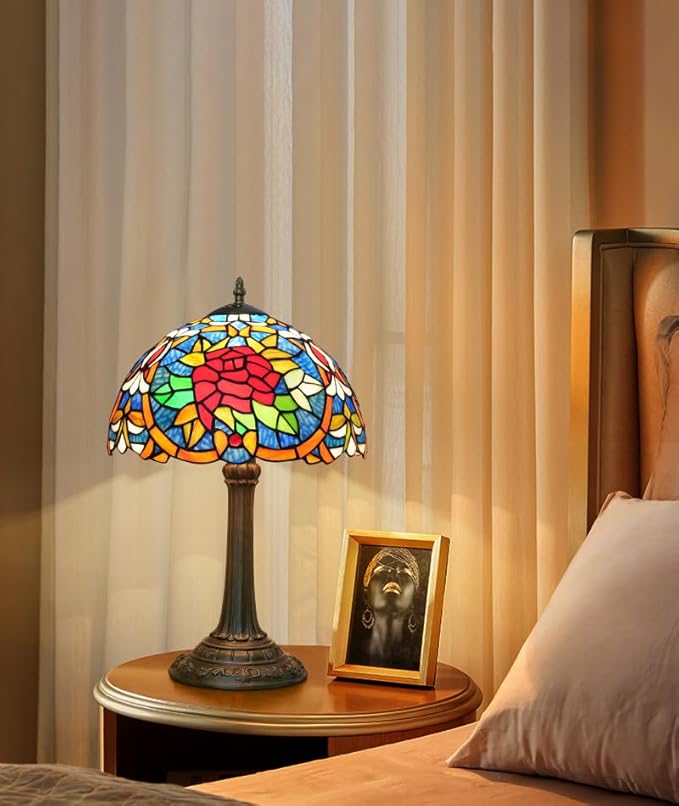 Tiffany Lamp 12 Inch Tiffany Style Red Rose Retro Bedside Lamp Stained Glass Table Lamp Suitable For Bedrooms Hotels Restaurants Dormitories Vintage Antiques Home Decoration Art And Craft Gifts