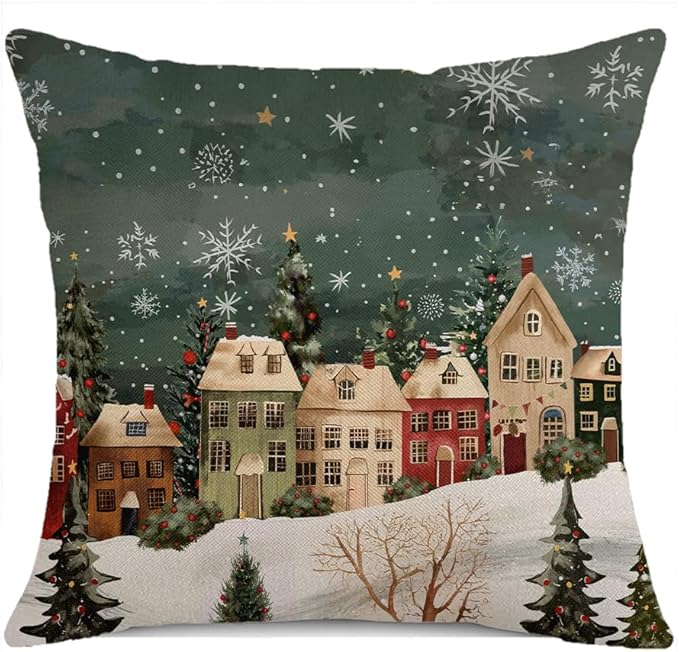 Winter Decorative Rectangle Pillow Cover 20 x 20, Wonderland Forest House Snowflake Vintage Porch Outdoor Pillowcase, Christmas Holiday Seasonal Farmhouse Cushion Case Home Decor