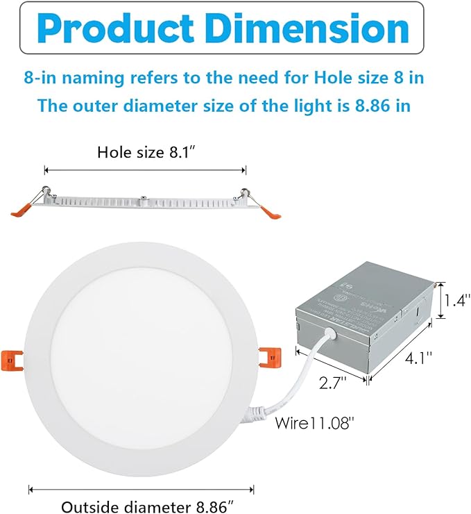8 Inch LED Recessed Light with Junction Box.12Pack Ultra Thin LED Recessed Lights 3CCT 3000K/4000K/6000K Selectable Dimmable,18W 8" Ceiling Canless Light Downlight, Can Killer Lighting CR80