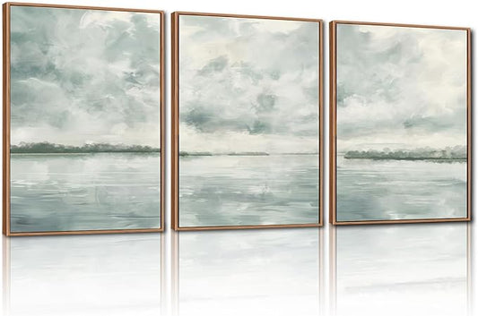 CHDITB Watercolor Sky Cloud Framed Canvas Wall Art Set, Pastel Shapes Illustrations Cloudy Wall Decor, Neutral Minimal Wall Painting, Blue Gray Ocean Sky Art Prints For Living Room Bedroom Office Decor 16"x24"x3