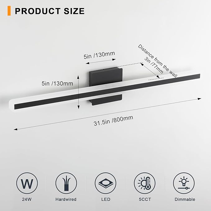 31.5 Inch 5 Color Adjustable Vanity Lights Over Mirror Vanity Lighting Fixtures for Bath Matt Black Bathroom Light Fixtures Over Mirror Black Led Modern Light Bar 5CCT