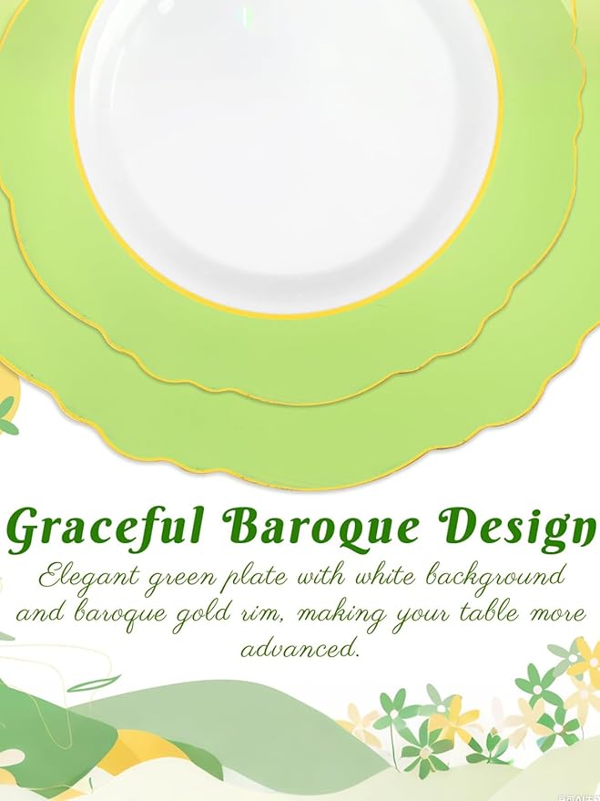 WDF 150Pcs Green Plates Disposable - Baroque Green and Gold Plates - 25Guest Plastic Dinnerware Ideal for Party/Spring/Picnic