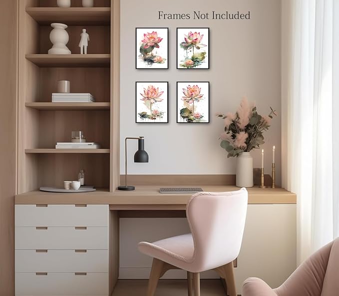 Lotus Floral Wall Art Prints,Pink Lotus Flower Canvas Wall Art,Watercolor Lotus Bloom Meditation Poster,Pink Lotus Zen Canvas Wall Art for Office Bathroom Room Decor Set of 4(8”X10”Unframed)