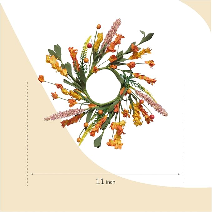 6pcs 11” Fall Mini Forsythia Flower Mini Candle Wreath for Home Decor, Set of 6 Pcs Autumn Flower Mini Wreaths Set for Closet Kitchen Fireplace, Fall Forsythia Candle Ring
