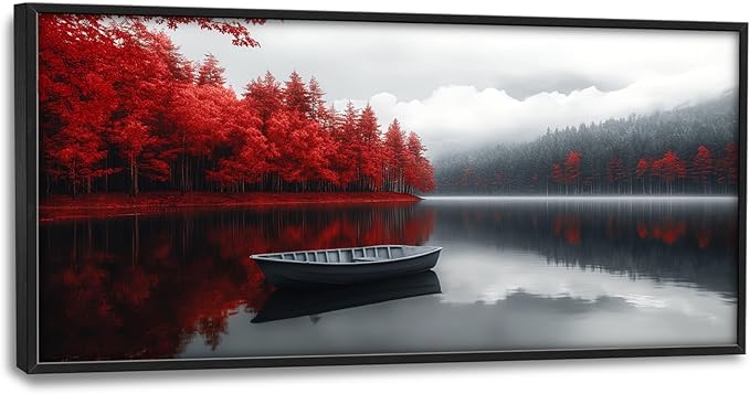 Olivine Lake Large Wall Art, Red Forest Pictures Wall Decor, Black And White Landscape Paintings, Boat Canvas Prints, Framed Artwork for Dining Room Bedroom Living Room Office Bathroom Home 60"x30"