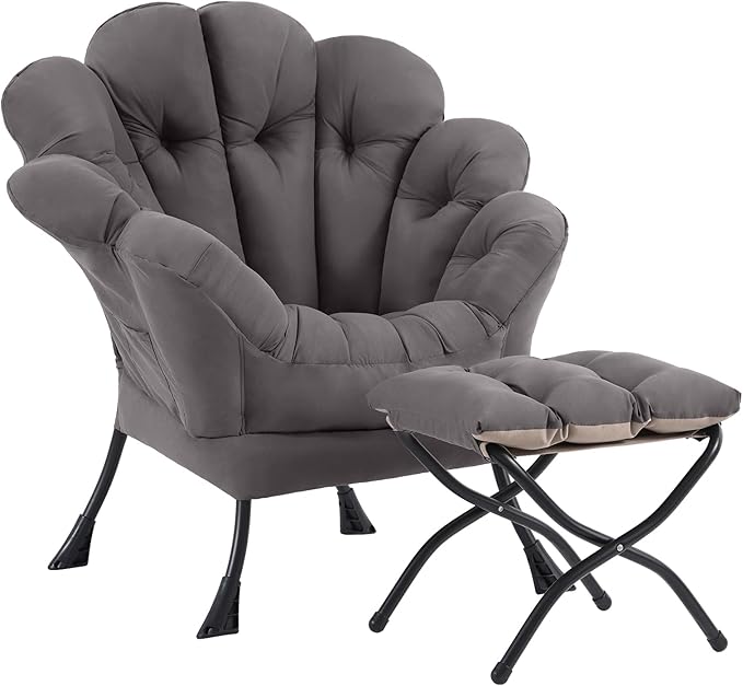 Lazy Chair with Ottoman, Modern Floral Reading Chair with Folding Footrest, Lounge Accent Chairs, Comfortable Oversized Armchairs for Bedroom, Living Room, Courtyard, Dark Grey