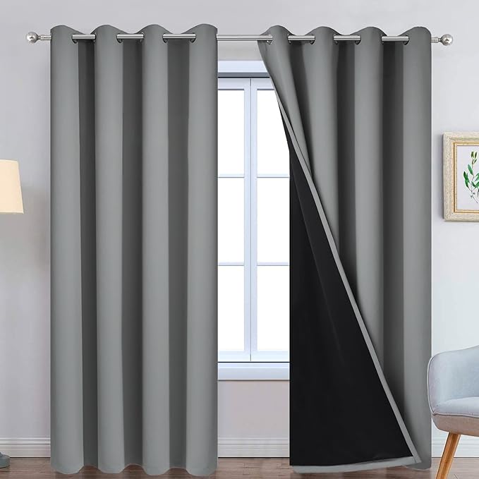 Yakamok 100% Blackout Curtains 90 Inches Long, 2 Thick Layers Heat and Full Light Blocking Soft Thermal Insulated Drapes for Bedroom(52" Wide Each Panel, Grey, 2 Panels)