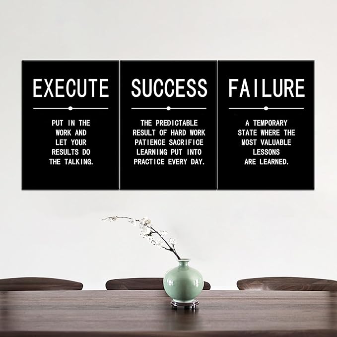 Success Quote Poster Inspirational Canvas Painting Wall Art Execute Failure Definition 3 Pieces Black Positive Motivational Framed Artwork Prints Picture for Living Room Office [36''Wx 16''H]