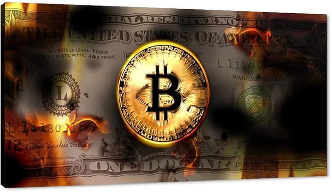 Yatsen Bridge Motivational Dollar Money Artwork Burning Bitcoin and Dollar Wall Art Framed Art Ready to Hang-48x24 inches