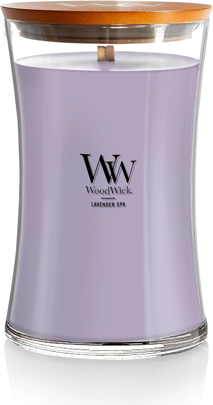 WoodWick Large Hourglass Candle Lavender Spa Scent Premium Soy Blend Crackles as it Burns 21oz Perfect for Gifting