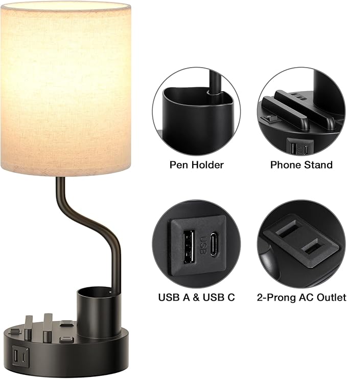 Bedside Table Lamps for Bedroom Set of 2 - Nightstand Light with AC Outlet and USB A & C for Charging, 3 Color Temperatures, Study Desk Lamp with Pen Holder & Phone Stand for Living Room/Dorm/Office