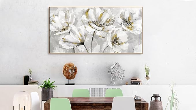 arteWOODS Flowers Framed Wall Art - Gray White Flowers with Yellow Accents Canvas Pictures Wall Decor Botanical Painting Artwork Elegant Floral Prints Living Room Bedroom 48 x 24in Natural Wood Frame