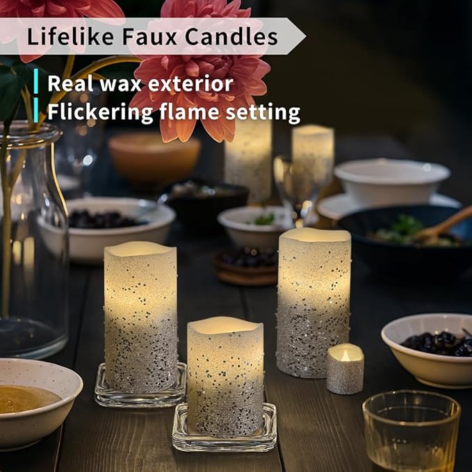 FURORA LIGHTING Silver Glitter LED Candles with Remote and Timer, 4 Pillars and 4 Votives Pack of 8, Real Wax Flameless Flickering Candles for Home Décor, Battery Included