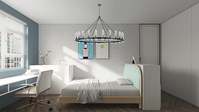 70 Inch Black Wagon Wheel Chandelier with Glass Shade, 24 Lights, Modern Farmhouse Style, Ideal for Dining Room, Kitchen, Entryways