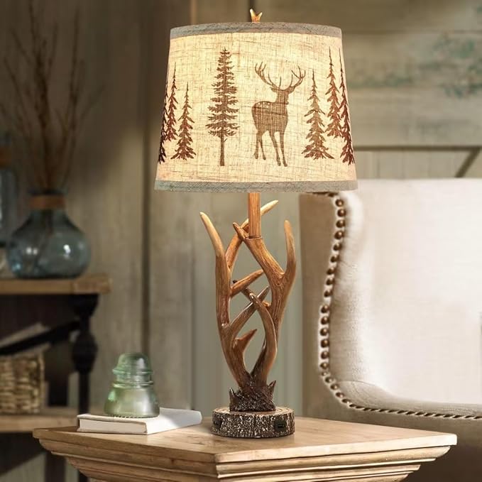 Dungoo 26" Touch Control Antler Table Lamps Set of 2, 3-Way Dimmable Rustic Lamp with 2 USB Ports, Natural Antler Lamp with Deer Forest Lampshade Farmhouse Lamps for Living Room Foyer