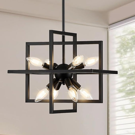 Small Modern Lantern Chandeliers, Geometric Black Pendant Lighting, 8-Light Industrial Hanging Chandelier Light Fixture for Dining Room, Kitchen, Bedroom, Foyer, Entryway, Farmhouse UL Listed