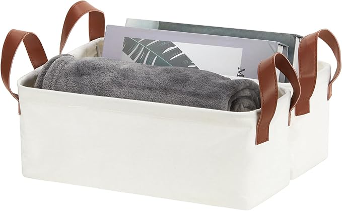 DULLEMELO Small Storage Bins, Fabric Storage Bins Closet Baskets for Organizing with PU Handles, Rectangle Closet Storage Bin with Metal Frame, Natural Color, 2-Pack