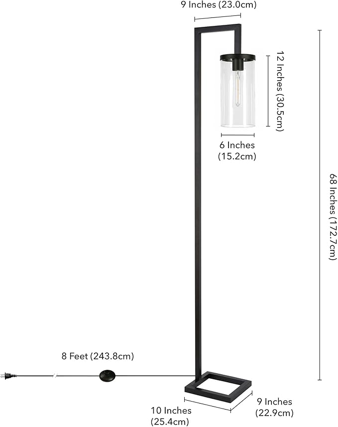 Henn&Hart 67.75" Tall Floor Lamp with Glass Shade in Blackened Bronze/Clear, Floor Lamp for Home Office, Bedroom, Living Room