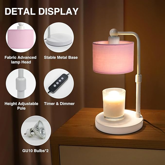 Candle Warmer Lamp with Timer, Dimmable Candle Wax Warmer, Height Adjustable Electric Candle Lamp Warmer with 2 Bulbs, Birthday Gifts for Women Her, Mom Gifts Idea, Vintage Home Decor for Bedroom-Pink