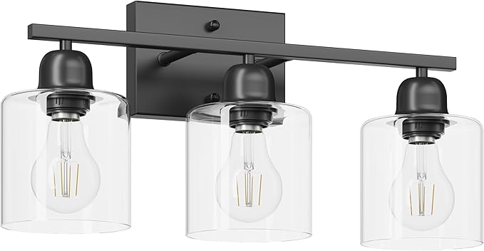 3 Light Bathroom Vanity Light, Matte Black Vanity Lights with Clear Glass for Bathroom Mirror Living Room Bedroom Hallway E26 Base