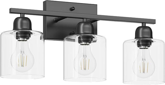 3 Light Bathroom Vanity Light, Matte Black Vanity Lights with Clear Glass for Bathroom Mirror Living Room Bedroom Hallway E26 Base