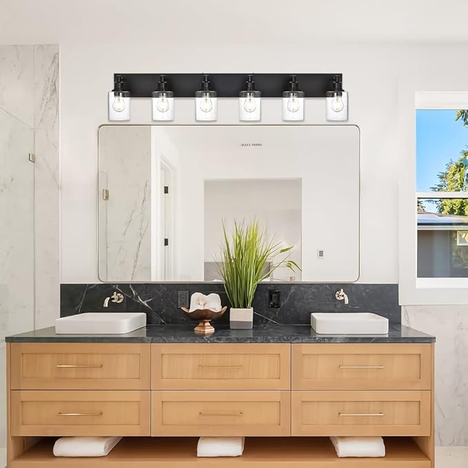 6-Lights Vanity Lights for Bathroom with Clear Glass Shades, Black Bathroom Light Fixtures Over Mirror for Bedroom Hallway (E26 Bulb Base)