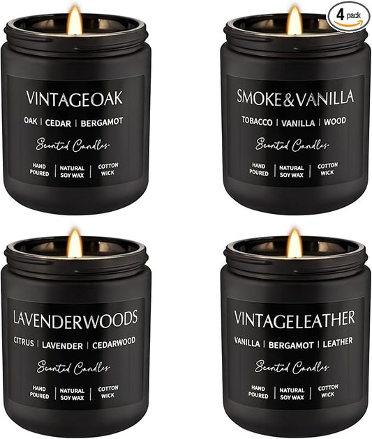 Scented Candles Gift Set - 4 Pack (7oz Each) Soy Wax Aromatherapy Candles with Essential Oils, Smokeless - Leather & Smoke, Vanilla Oakmoss, Lavender for Office, Gifts