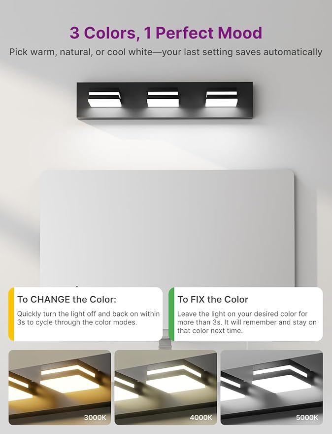 Modern Bathroom Light Fixture Over Mirror, 22" 3-Light Bathroom Vanity Light with Rotatable Heads, Adjustable 3000K/ 4000K/ 5000K, Hardwired, Energy-Efficient LED Vanity Lighting Fixture, Black